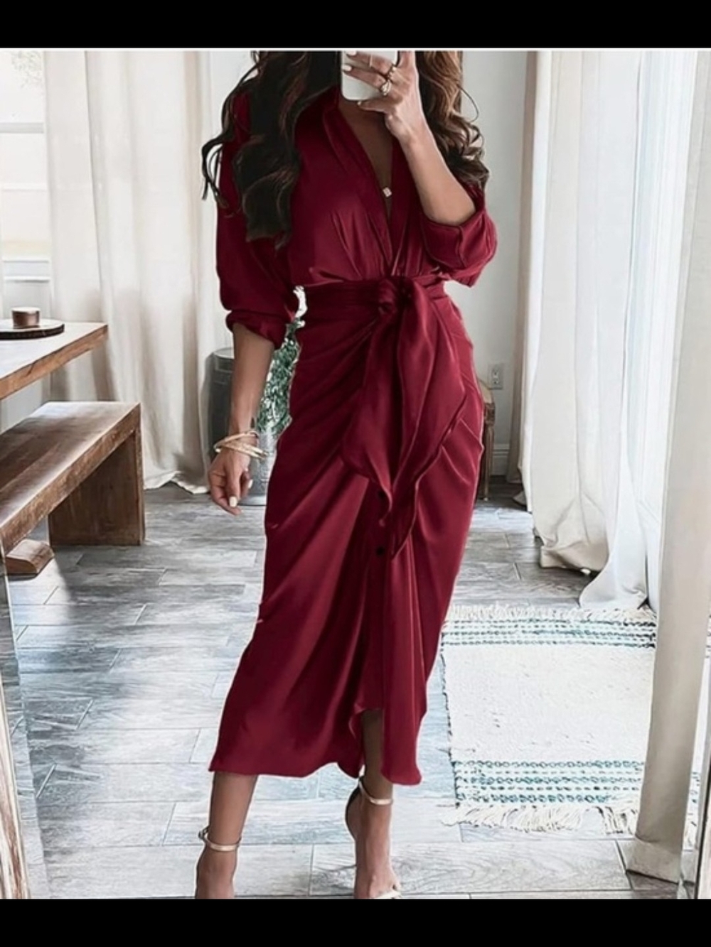 Elegant Burgundy Wrap Midi Dress - Women Small